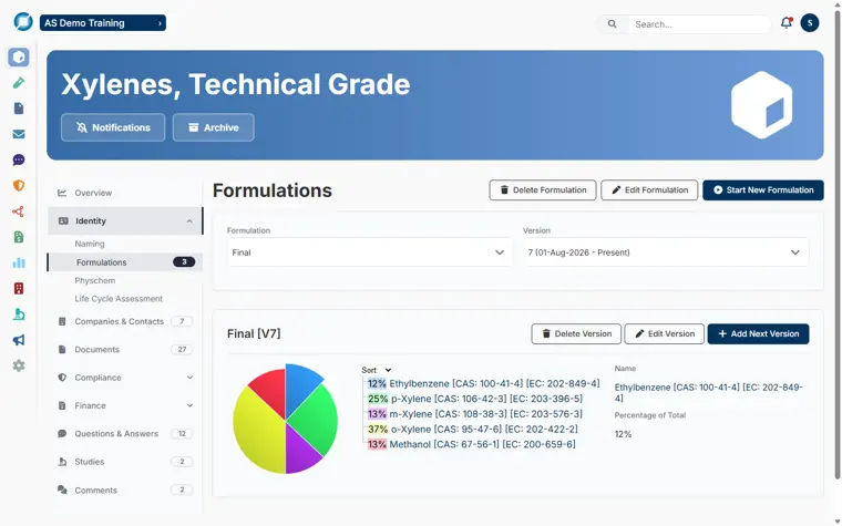 Product formulation versions in Active Steward